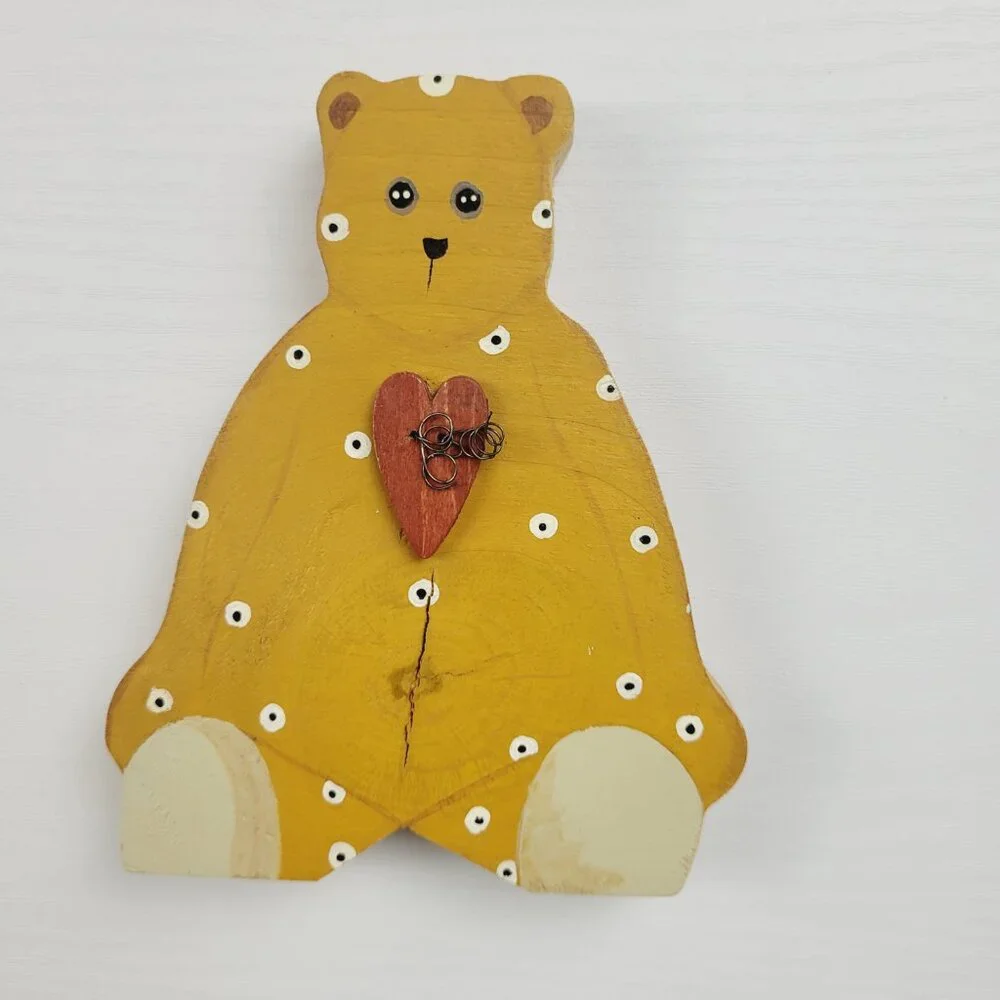 Two Vintage Handmade Folk Art Wooden Bears Angel Wings Heart Hand Painted polka.